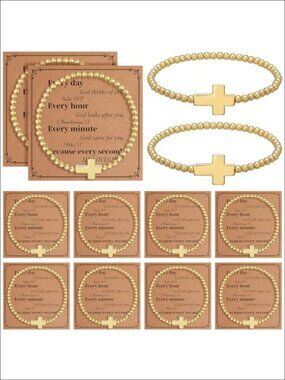 12pc Beaded Cross Bracelets Stretch Set for Women Christian Church Gift